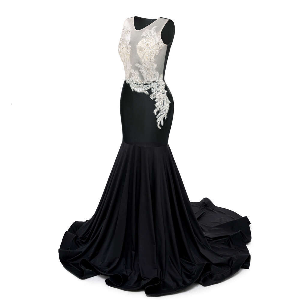 Vintage Black Satin Evening Dresses Crystal Illusion Embroidery Applique Beaded Sleeveless Formal Party Prom Gown Robe De Soiree