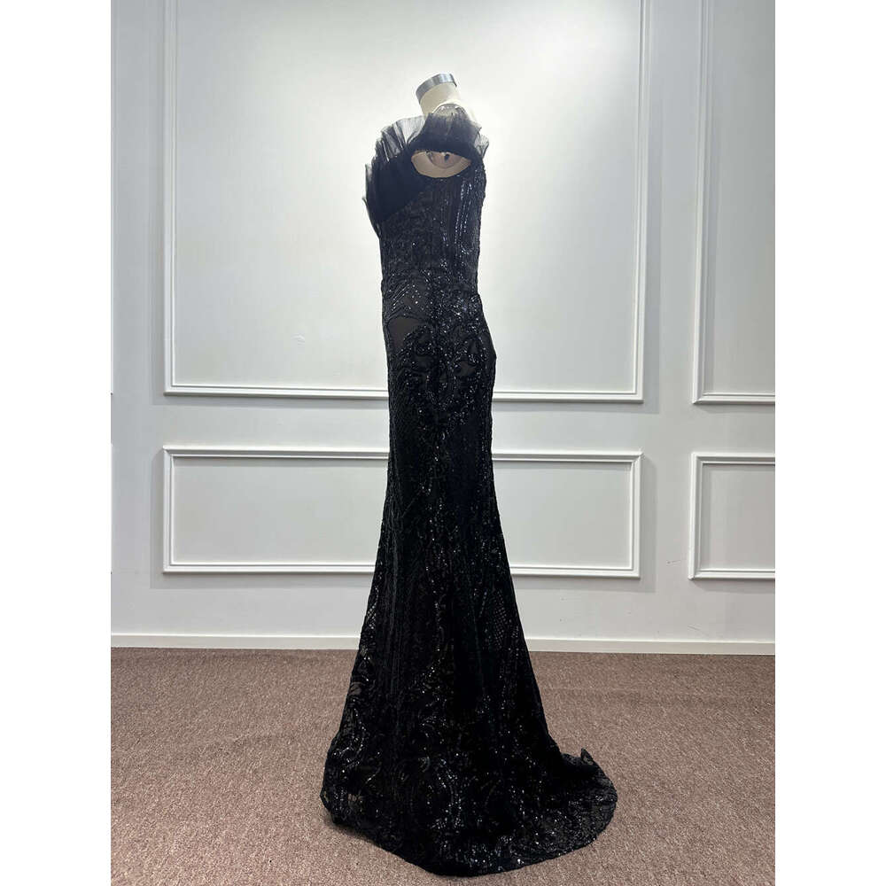 Black Tulle Sequined Evening Dresses Off The Shoulder Mermaid Pleat Arabic Formal Party Prom Gowns Vestidos De Fiesta