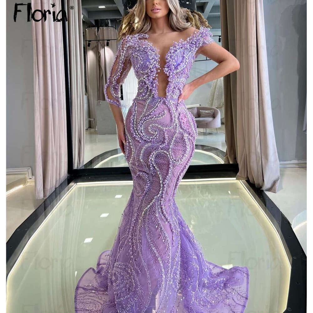 Gorgeous Lilac Deep V Neck Evening Dresses Heavy Handmade Beaded Mermaid Party Gowns Vestidos De Gala Customized 0719