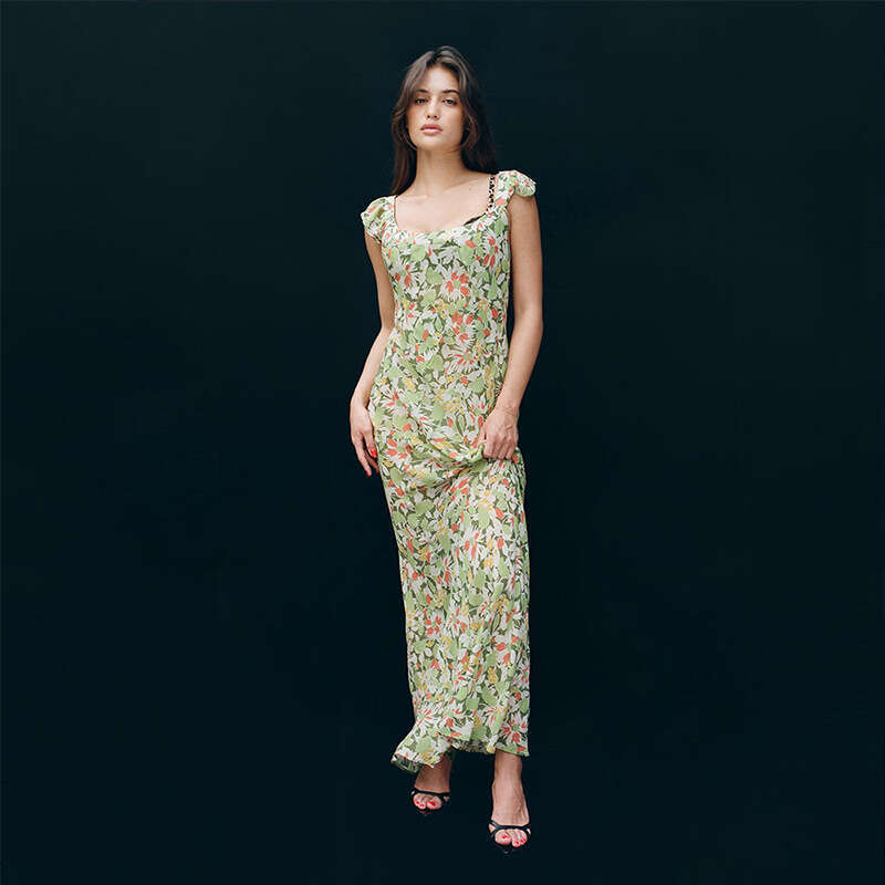 Festival Undefined Dresses for Woman Party 689 Silk Round Neck Low Cut Dress with Ruffles Slim Waist Printed Vacation Style Sexy Sheer for Women