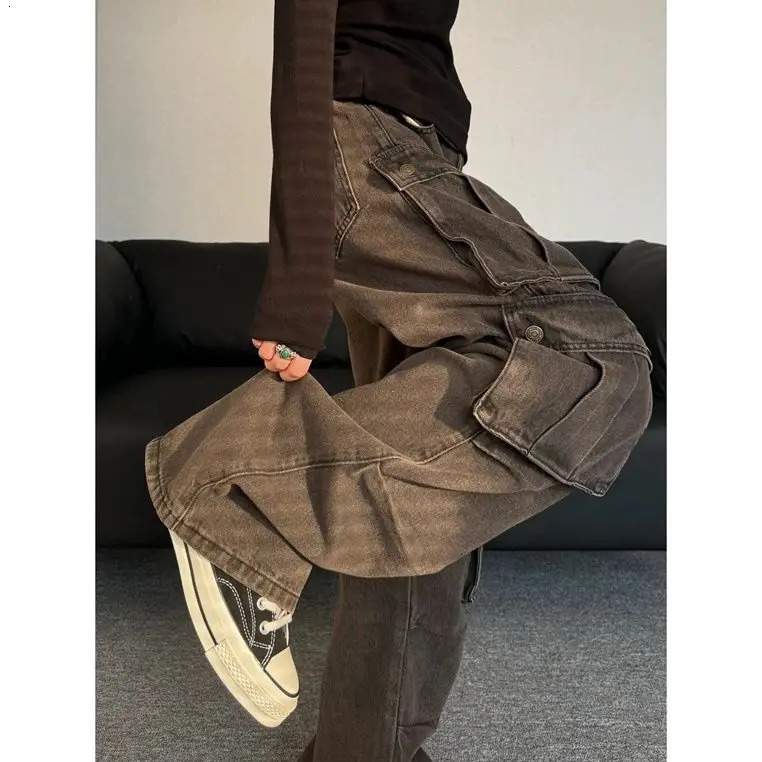 American retro washed multi pocket workwear straight leg jeans for men and women street cool loose wide leg casual pants y2k 240716