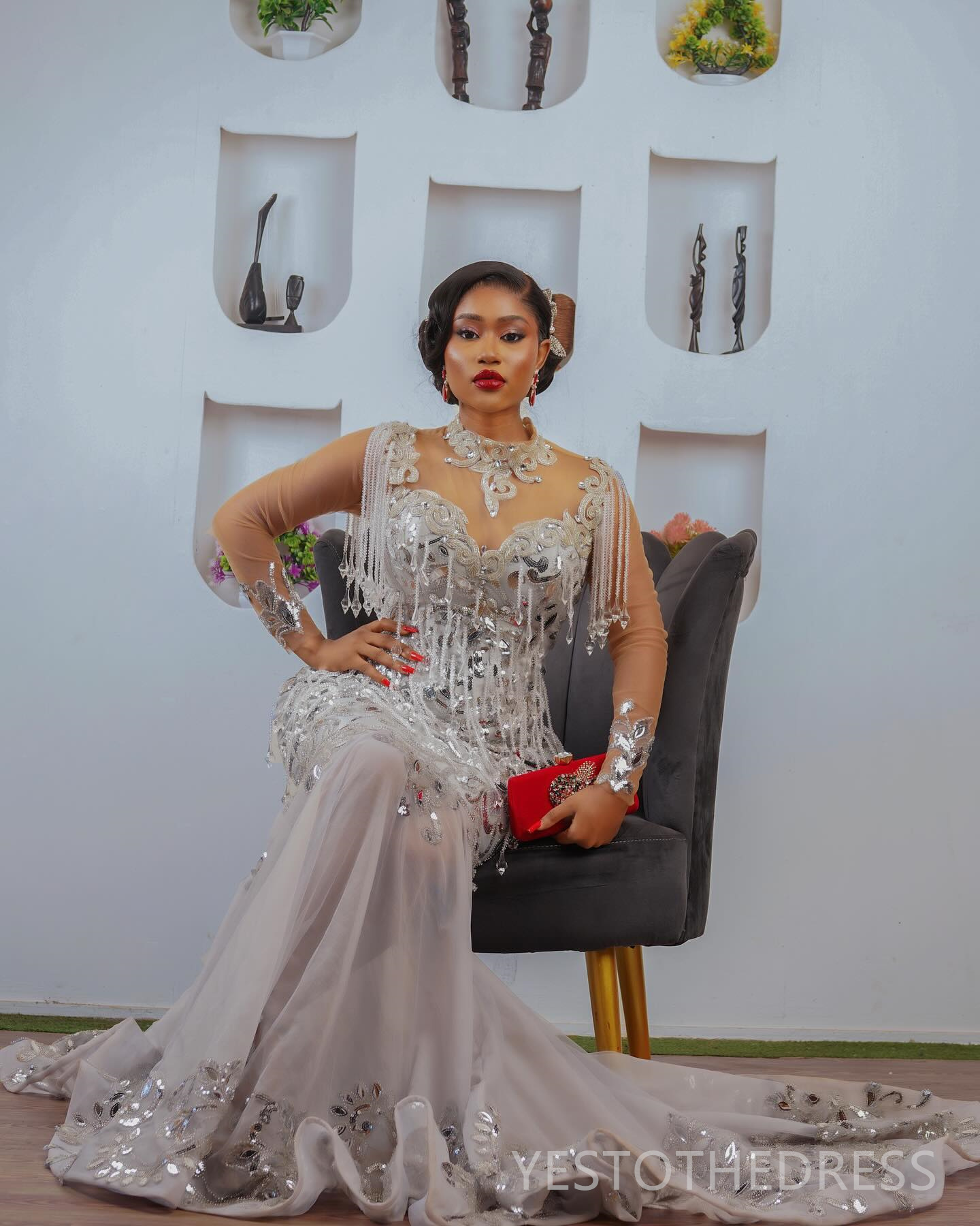 R&W 2024 Sier Aso Ebi Prom Mermaid Promdress High Neck Long Sleeves Illusion Beaded Crystals ra Lace Tassel Birthday Dress Second Reception Gala Gowns