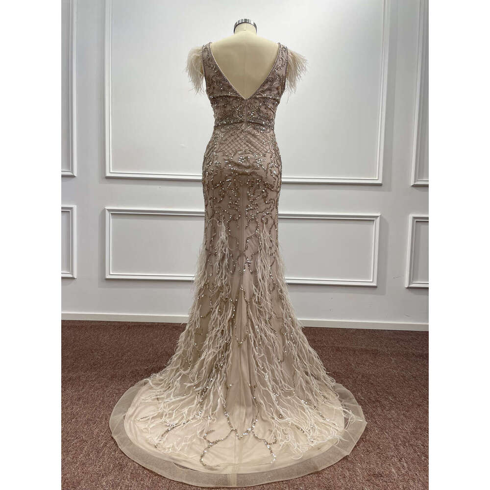 Mermaid Feathers Crystal Evening Dresses Women 2024 Dubai Beading V Neck Elegant Formal Party Prom Gowns Vestidos De Gala