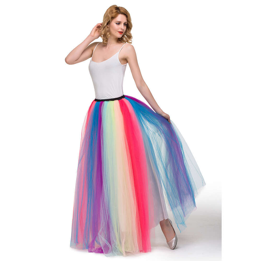Popular Long Maxi Tutu Tulle Rainbow A Line Skirt For Women Elastic High Waist Party 6 Layers Prom Gown Colorful Beach Dress