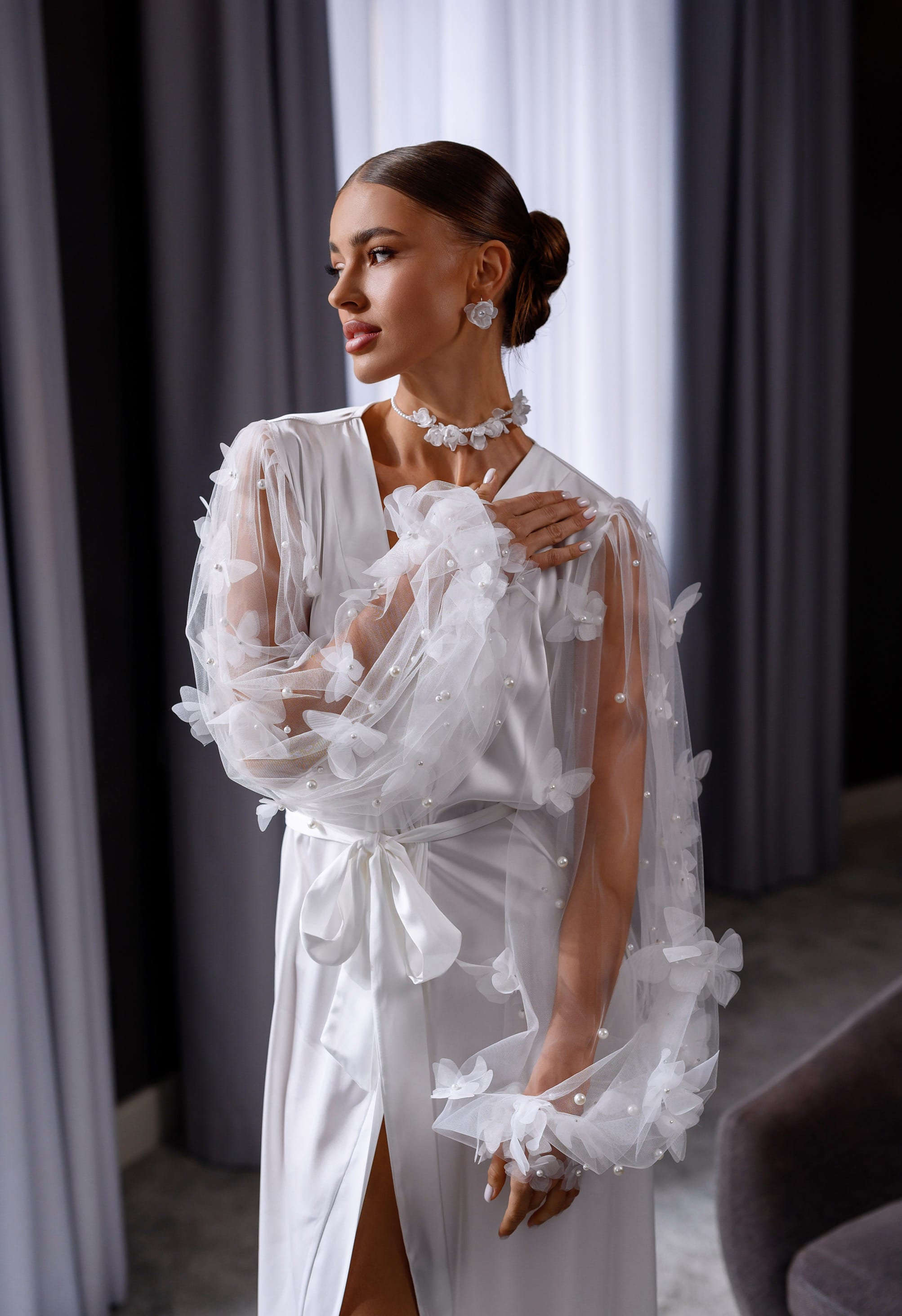 Tulle Silk Dressing Sleepwear Butterfly Pearls Long Robes Photo Shoot Lingerie Belt Bath Robe Nightwear Plus Size Female Bathrobes Dresses