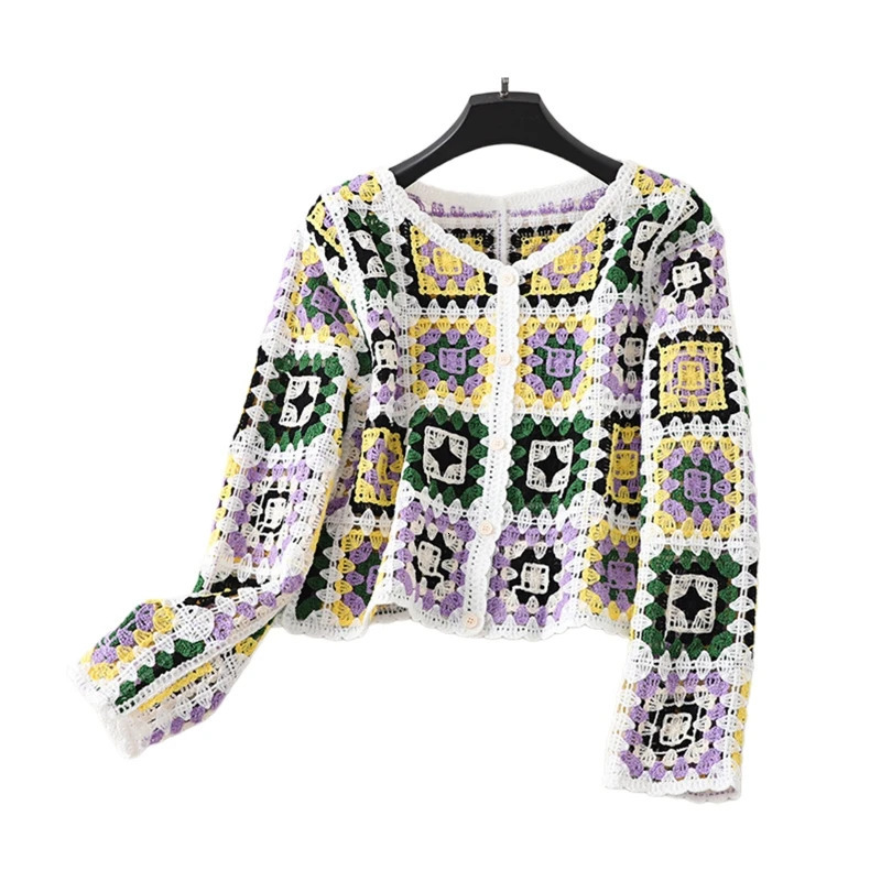 Women Beach Holiday Button Sweater Coat Crochet Knit Colorful Cardigan Outwear 10CF 240717