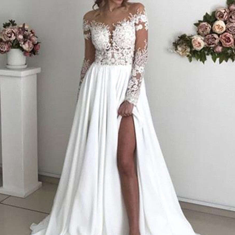 Elegant Lace With High Split Wedding Dresses Sweetheart A-Line Chiffon Appliques Simple Boho Long Vestidos De Noiva Bridal Gowns