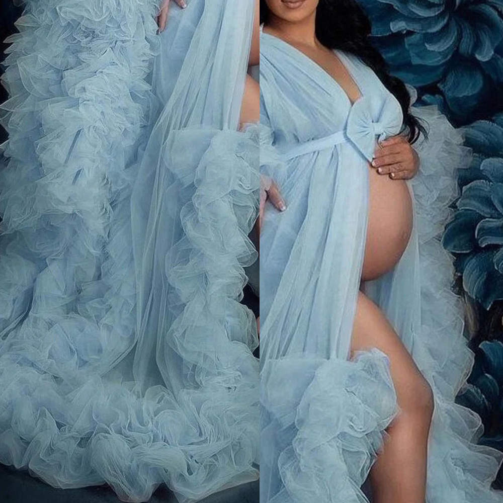 Bridal Ruffle Robe Wedding Gowns For Women Bride Bow Pregnancy Bathrobe Maternity Custom Made Tulle Robe for Photo Shoot