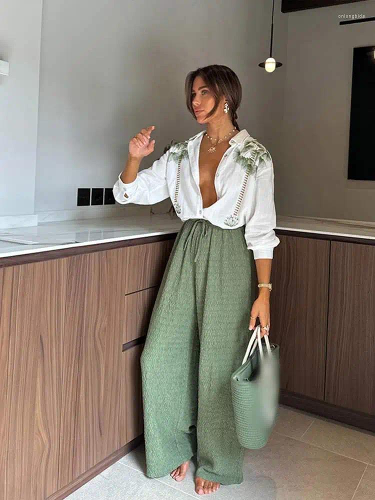 Womens Blouses Elegant Coconut Tree Print White Shirt Women Fashion Loose Lapel V Neck Long Sleeve Blouse 2024 Office Lady Commuting Tops