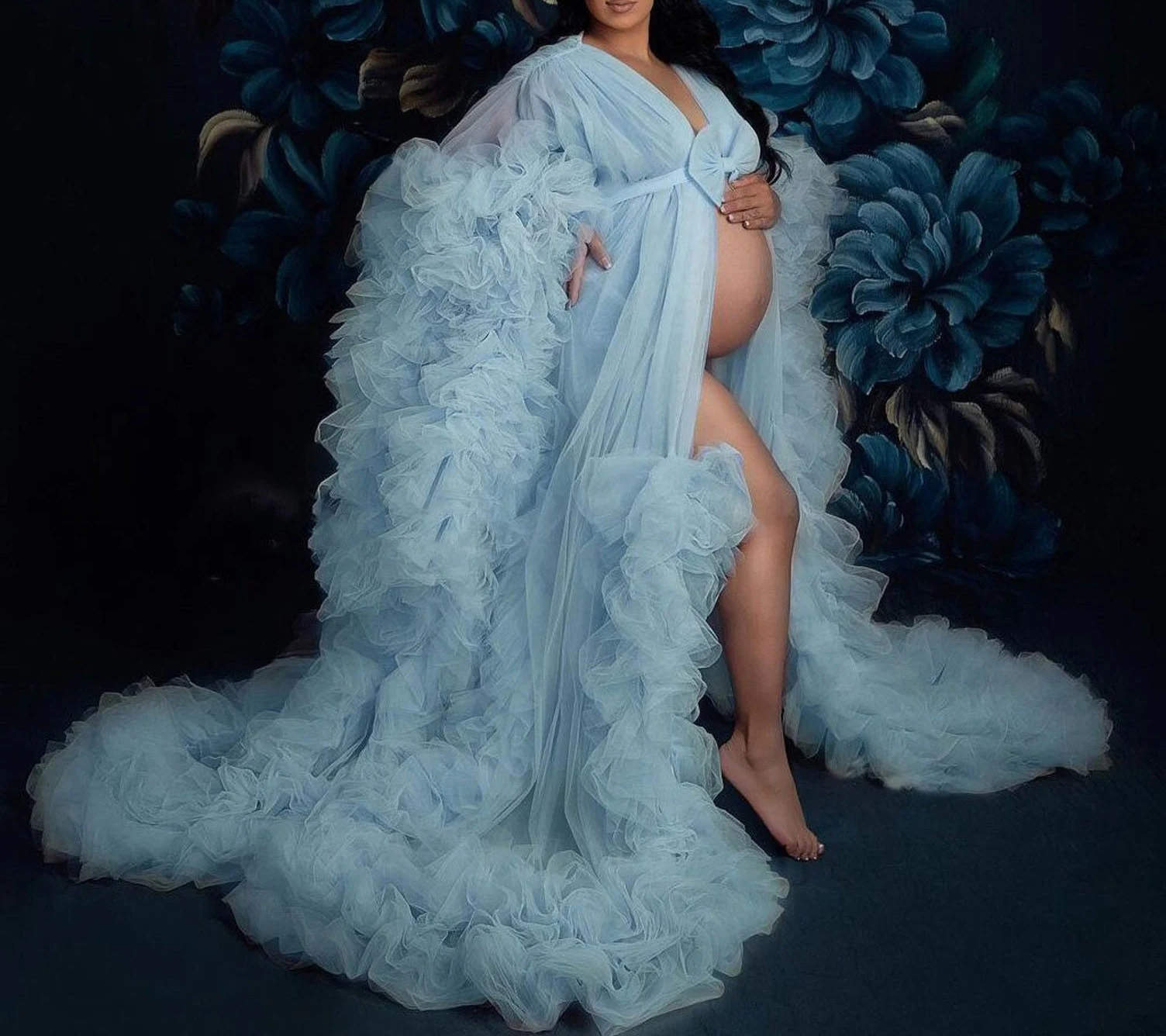 Bridal Ruffle Robe Wedding Gowns For Women Bride Bow Pregnancy Bathrobe Maternity Custom Made Tulle Robe for Photo Shoot