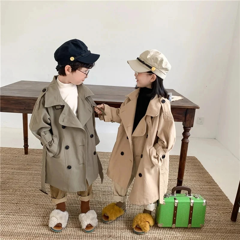 2-10Yrs Kids Trench Coat Spring Autumn Boys Girls Jacket Overcoat Long Sleeve Turn-Down Collar Children Windbreaker Top Clothes 240711