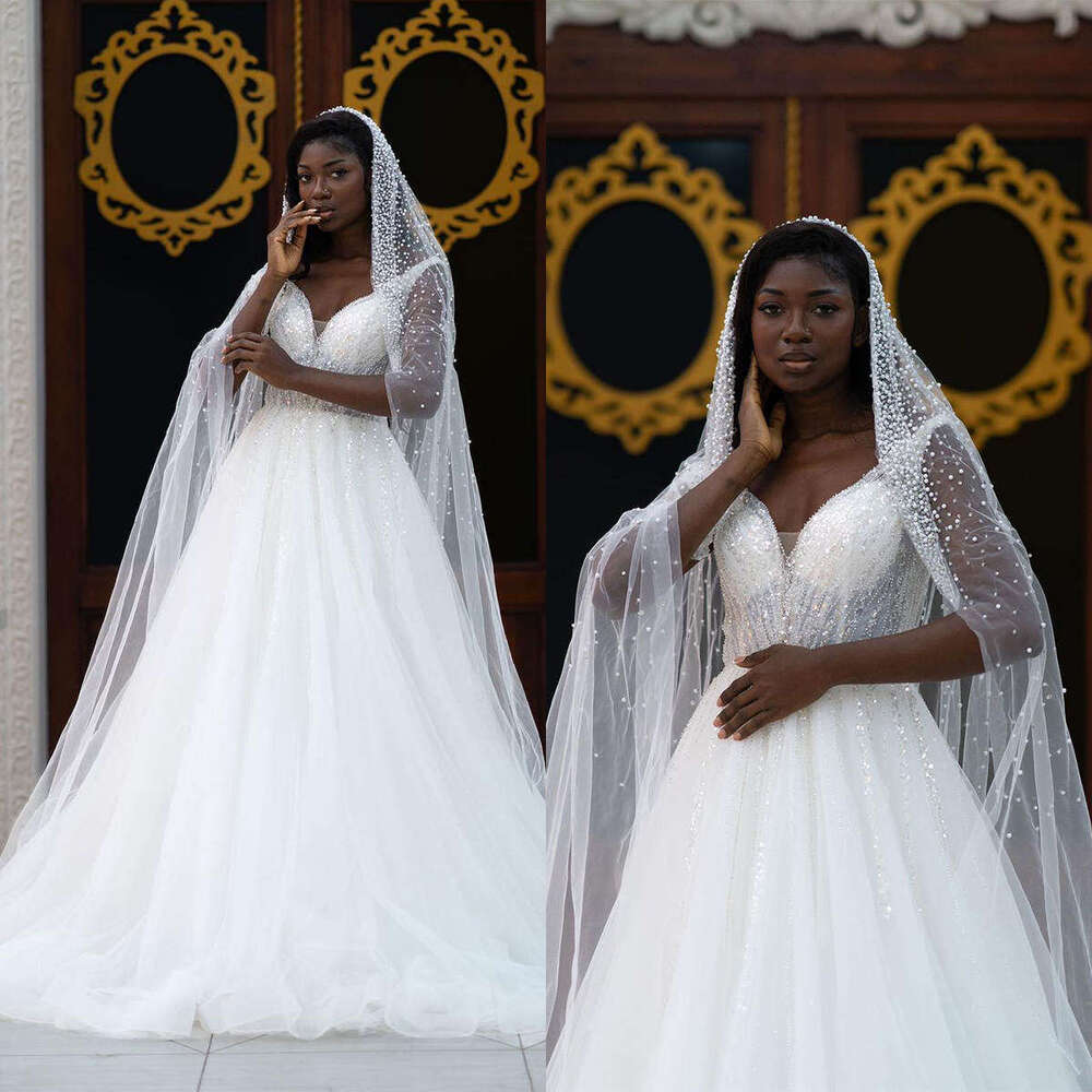 Classic Wedding Dresses Sequins Beading Bridal Gowns A Line Spaghetti Straps V Neck Custom Made Vestidos De Novia 0719