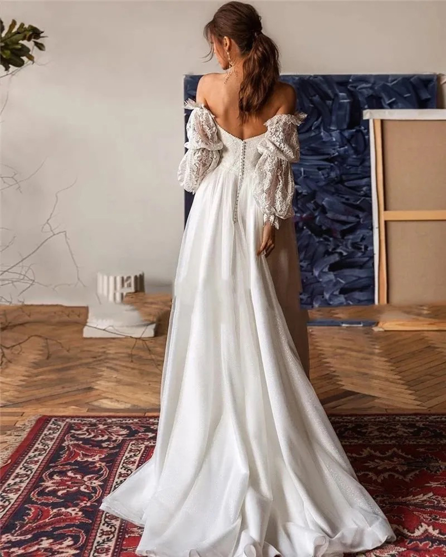 Modern Boho Off Shoulder Long Sleeve Wedding Dresses Appliqued Lace Summer Bohemian Beach Garden Sweetheart A e Bridal Gowns With Button Covered Back