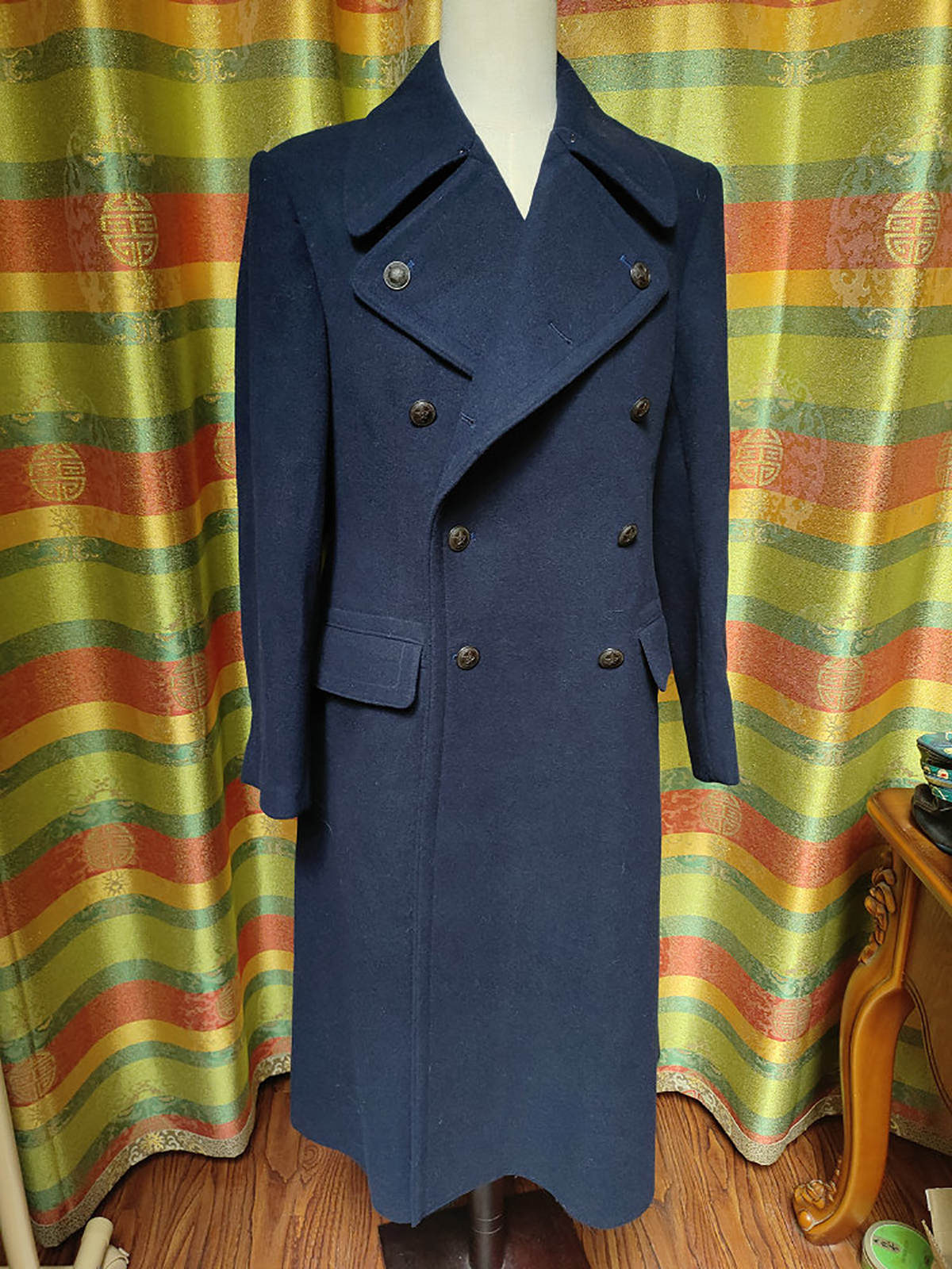 Classic Blue Men Suits Thick Wool Custom Made Double Breasted Tuxedos Peaked Lapel Blazer Back Vent Business High Quality Popular Cheap Price Long Coa
