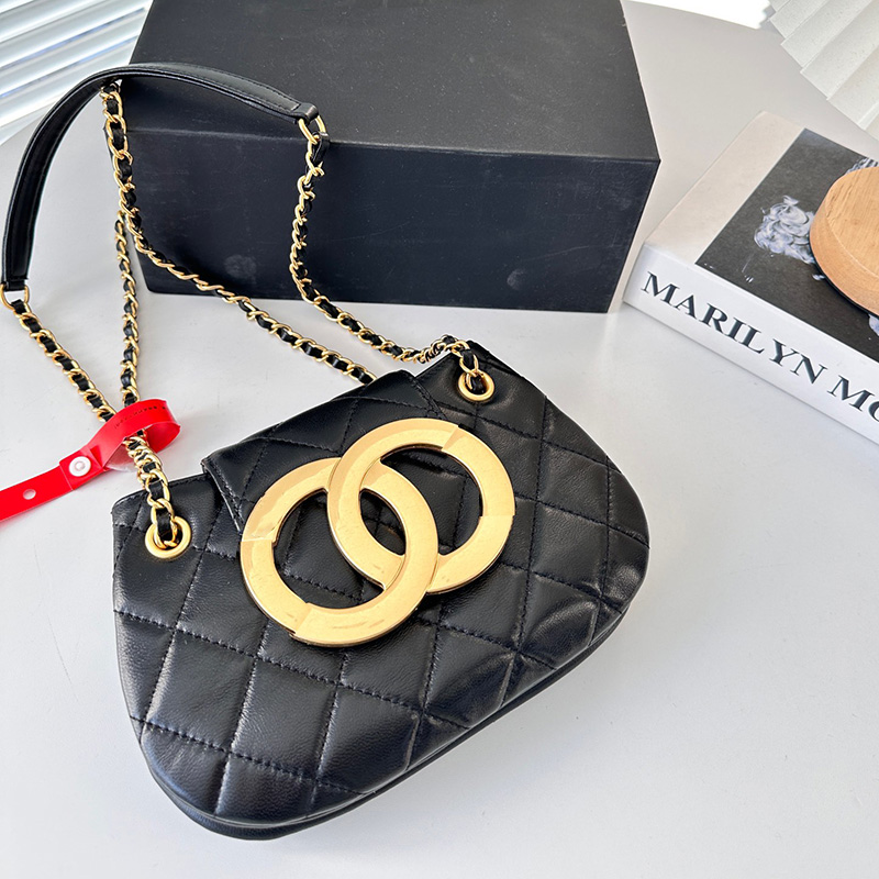 Women Vintage Classic Mini Black Calfskin Crossbody Shoulder Bags Gold Metal Hardware Emblem Matelasse Chain Quilted Handbag Accordion Multi Pochette Purse 21cm