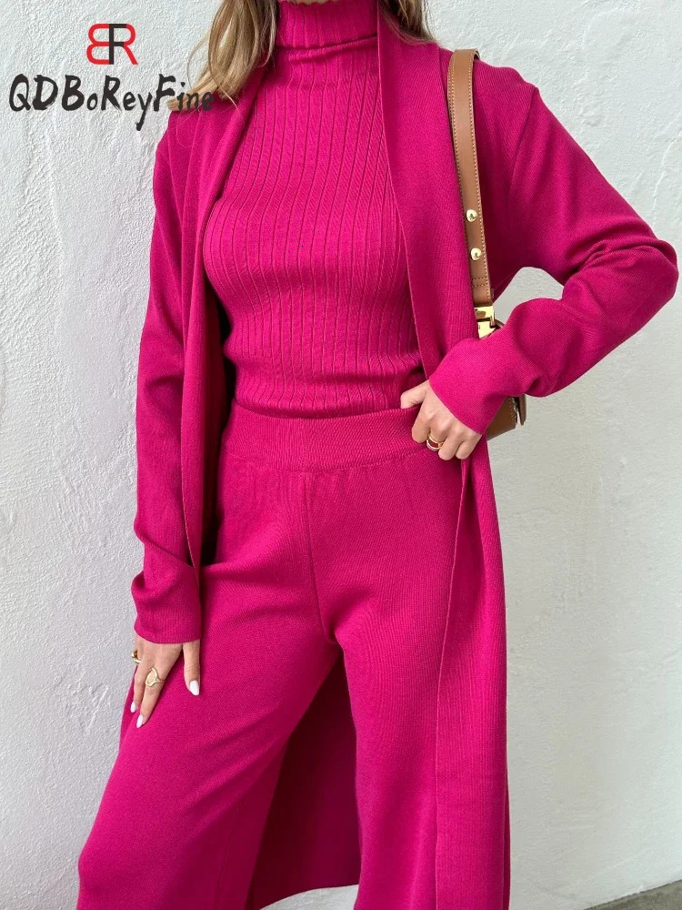 Women Knitted Suits Elegant Office Ladies Slim Turtleneck Vest Long Cardigan Wide Leg Pants 3 Piece Sets Womens Outfits Knitting 240712