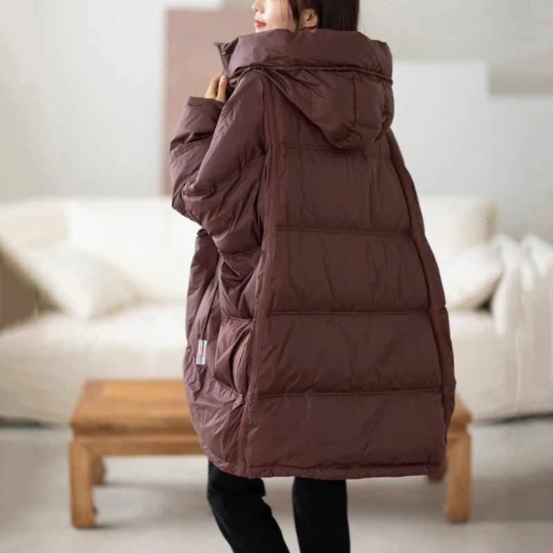 Lagabogy 2024 Winter Women 90% White Duck Down Jacket Casual Loose Over Size Warm Parka Female Drawstring Hooded Puffer Coat 240712