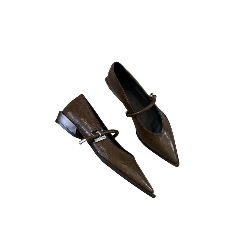 Vintage Pointy Single Shoe Womens Metal Buckle Square with A Line Allinone American Heel Shoes 240718