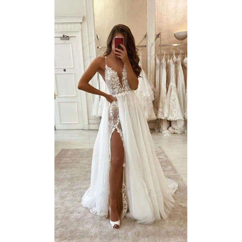 Elegant Boho Wedding Dresses For Women Spaghetti Straps Appliques Lace Bohemian High Split Simple Bridal Gowns Robe De Mariage