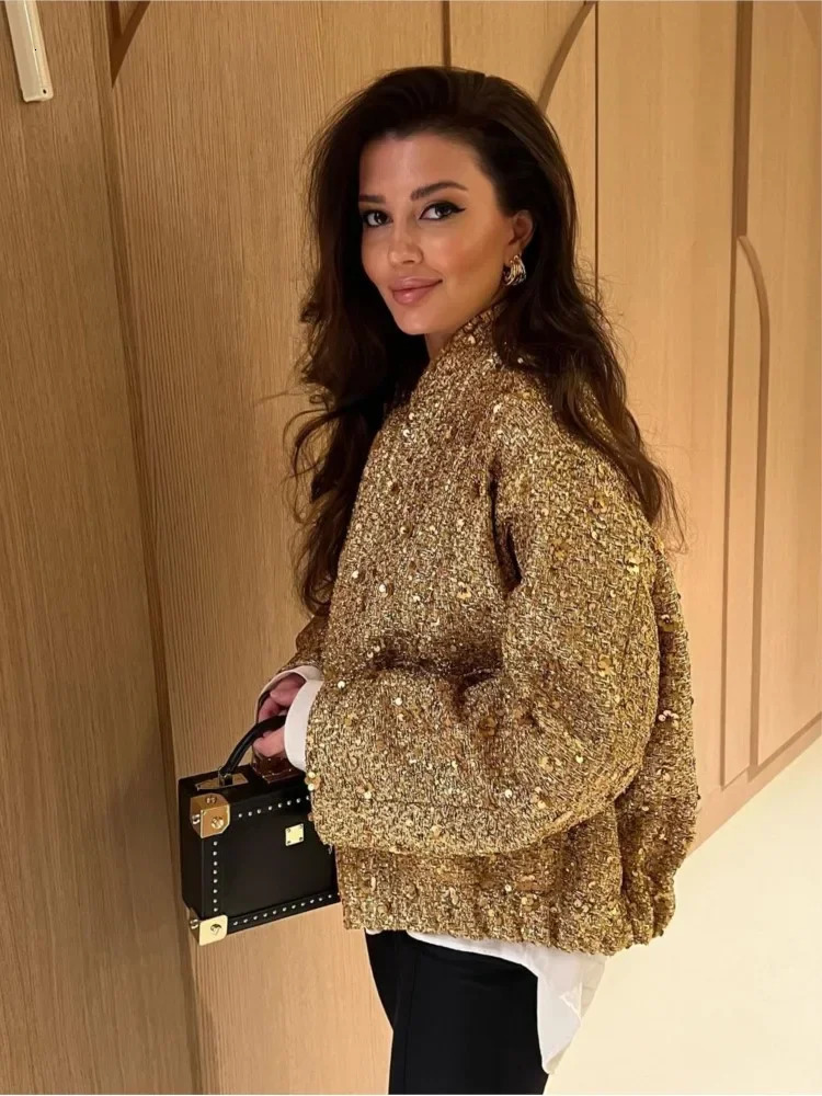 Chic Golden Sequin Zipper Jacket For Women Fashion Loose Round Neck Long Sleeved Coats Spring Female Party Club Shiny Outerwear 240715