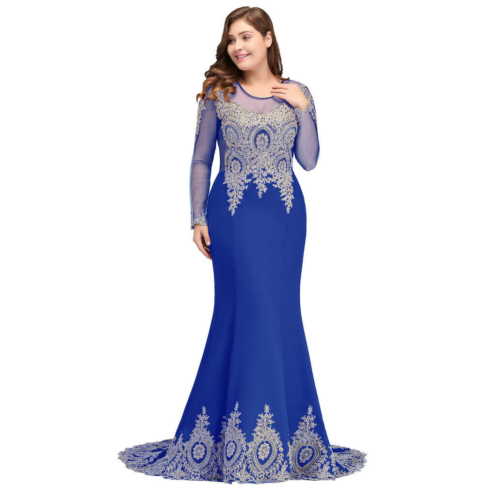 Plus Size 26W Long Mermaid Sleeve Dress Women Sexy Beaded Crystals Elegant Lace Applique Formal Evening Party Gowns