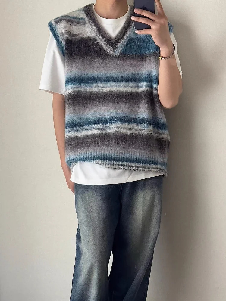 Man Clothes Tie Dye Vest Fleeced Knitted Sweaters for Men Striped Waistcoat Green Sleeveless V Neck Thick Winter Aesthetic Meme 240712