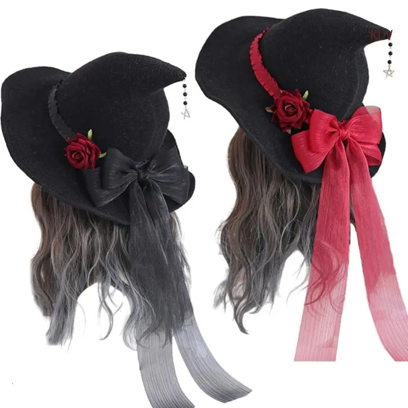 Halloween Witch Cap Wizard Hat Punk Bowknot Rose Hat Costume Headwear Lady Festival Headdress 240712