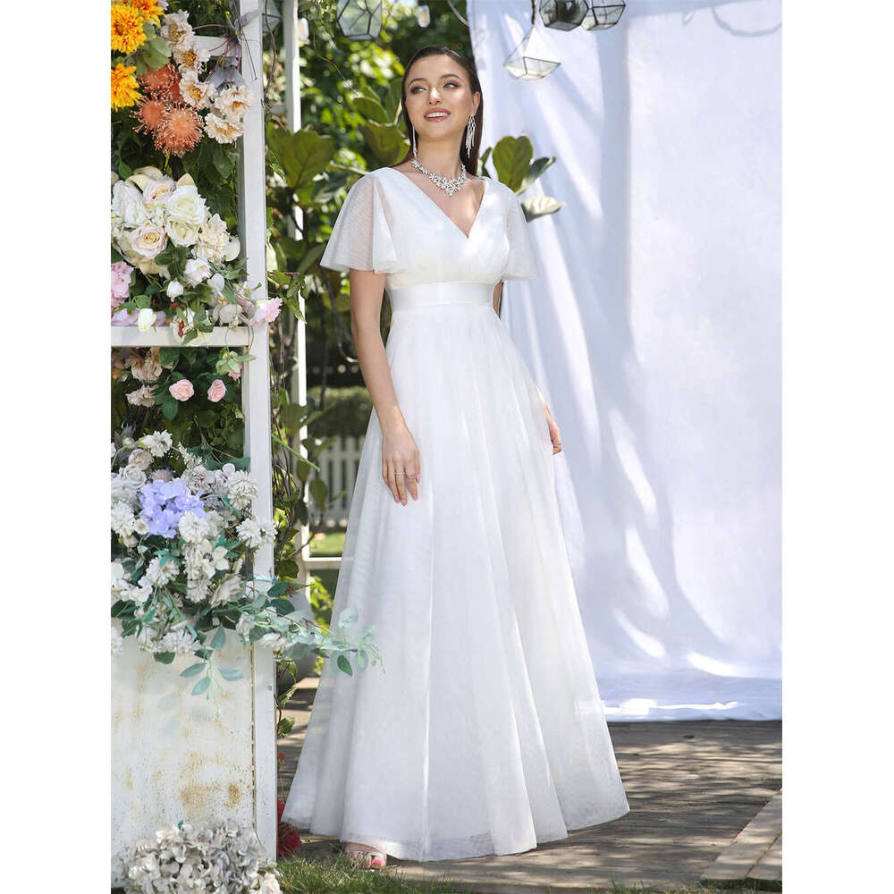Simple Pearls Beach Mermaid Gold Lace Dress A-Line Puffer Short Sleeve V-Neck Pleat Tulle Bridal Gowns for Wedding Party