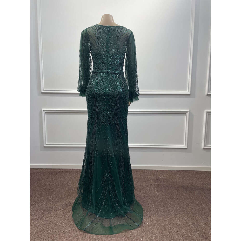 Mermaid Dark Green Sequined Tulle Evening Dresses Beading Long Lantern Sleeve Arabic Formal Party Prom Gowns Vestidos
