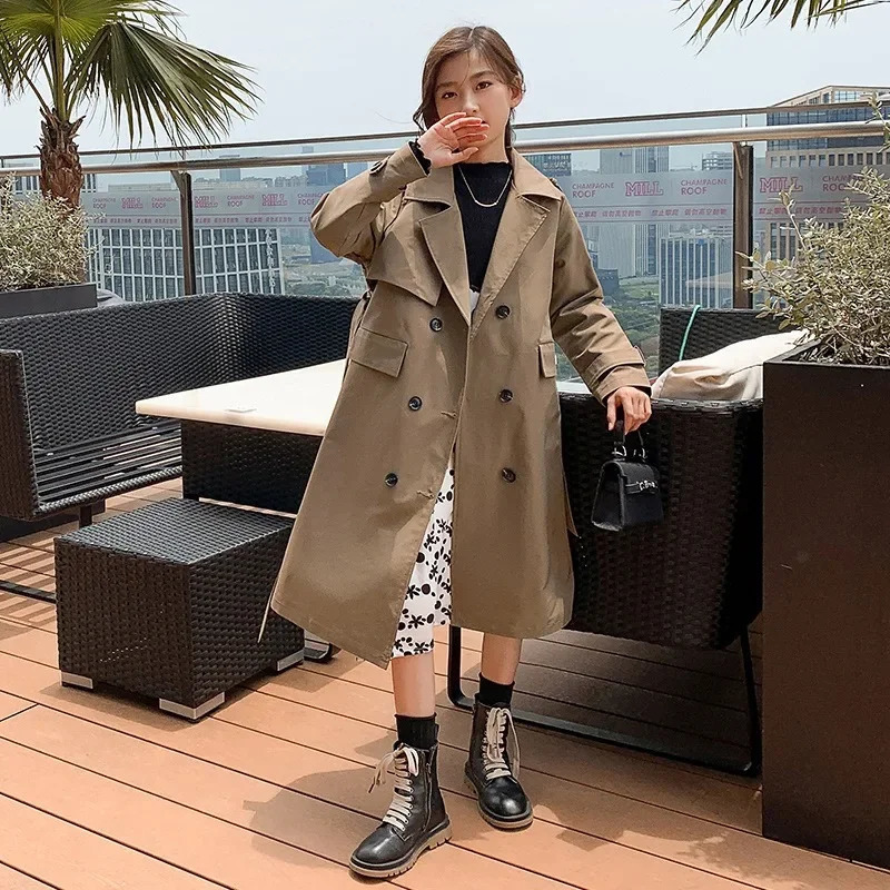 Spring Autumn Cotton Teen Girls Long Trench Coats Fashion England Style Windbreaker Jacket For Girls Children Clothing 240711