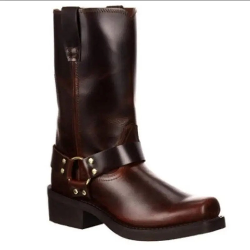 Men Cowboy Western Fashion Med Heel Shoes 4.5CM Heighten Casual Mid Calf Tall Faux Leather Square Toe Boots 240717 4