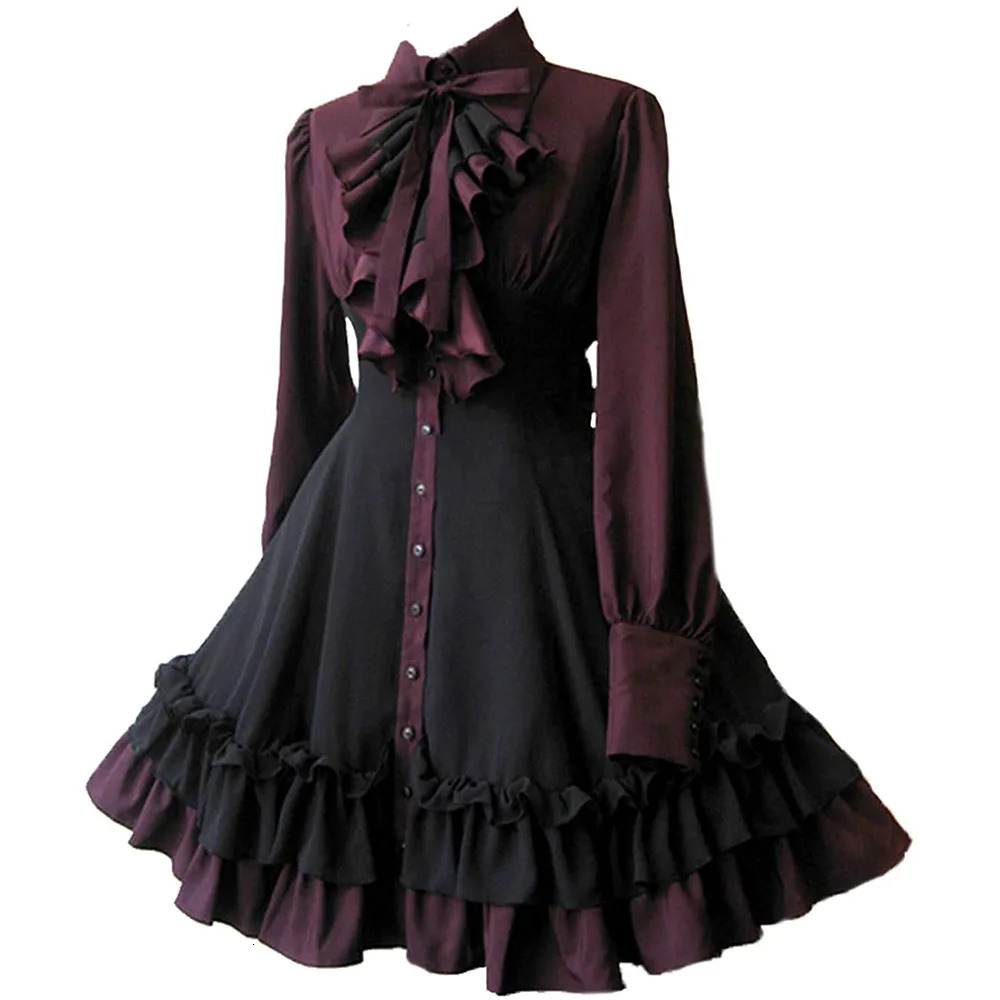 Women Medieval Vintage Lolita Dress XS3XL Gothic Long Sleeves Ruffle Classic Renaissance Bow Buttons Wrinkle Sweet 240717