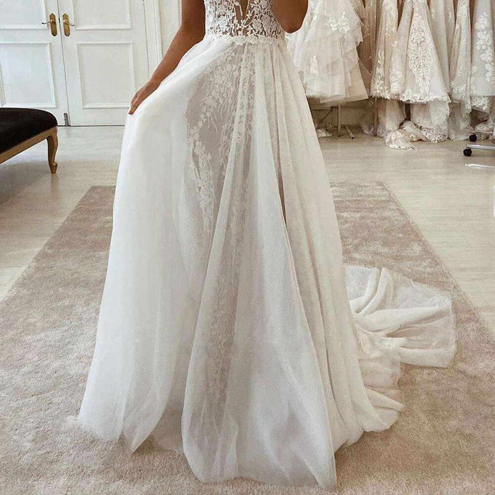 Elegant Boho Wedding Dresses For Women Spaghetti Straps Appliques Lace Bohemian High Split Simple Bridal Gowns Robe De Mariage