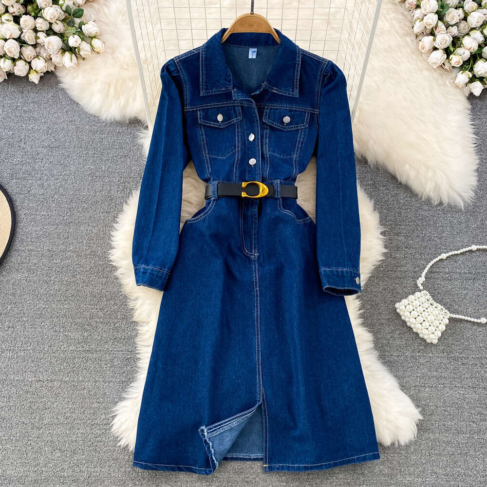 Cowboy Dress Autumn New Hong Kong Style Temperament Lapel Bubble Long Sleeved Waist Cinched A-line Slit Skirt Sexy Pregnant Womens Dress Denim Dress