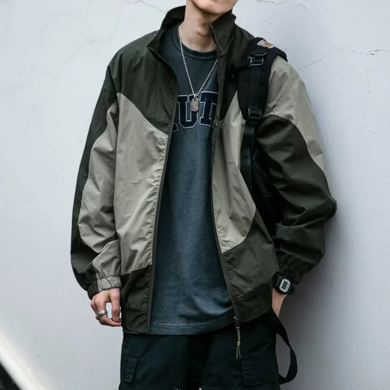 Retro Spring Jackets Men Women Color Block Stand Collar Loose Harajuku Y2k Coats Zip Up Street Unisex Hip Hop Zipper Outwear 240717