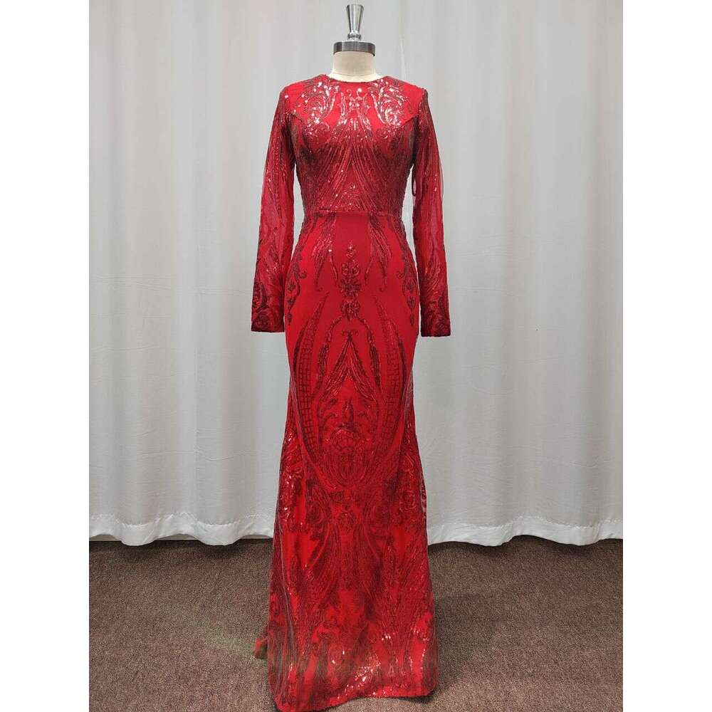 Red Sequined Evening Dresses Mermaid Long Sleeve Beading Detachable Satin Train Celebrity Formal Party Prom Gowns Vestido