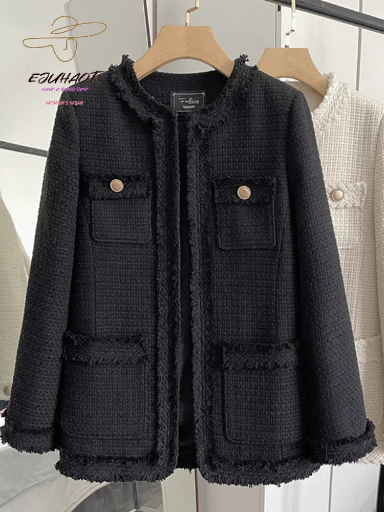 Womens Jacket Small Fragrance Coat In Autumn Winter Korean Fashion O-Neck Tweed Vintage Outerwear Loose All-match Tops 240712