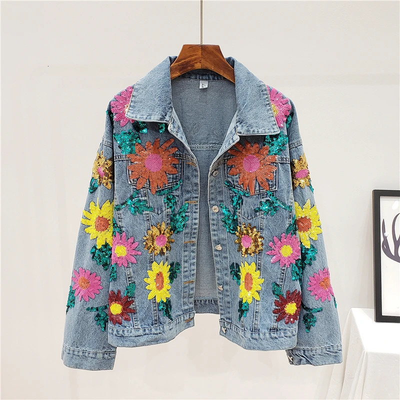 Fashion Sequins Sunflower Autumn Denim Woman Jacket Loose Blue Spring Jean Clothes Coats Womens Clothing Kurtka Jeansowa 240717