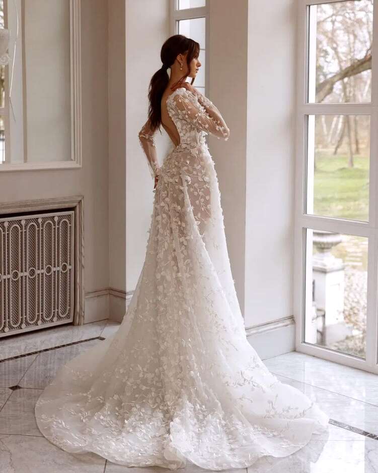 Elegant Appliques Backless Wedding Dresses For Women Embroidery Beaded Bridal Gowns Long Sleeve Formal Ocn Vestido De Novia