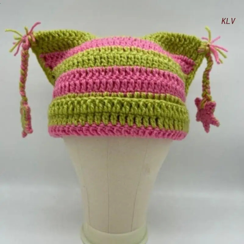 Color Matching Handmade Cat Ear Knitted Hat Fluffy Winter Warmer Knitted Hat Cold Winter Presents for Students Teenagers 240712