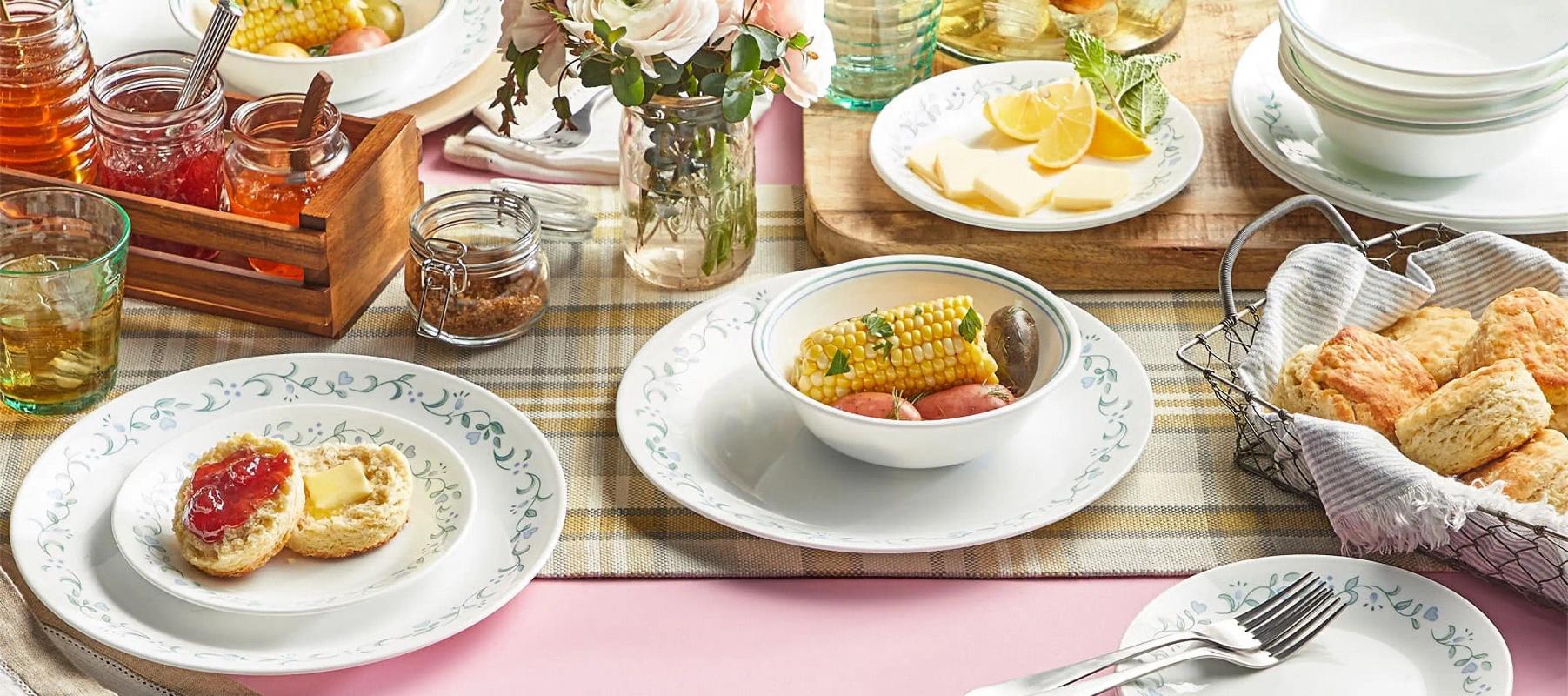 Plates Corelle Country Cottage White And Green Round 12-Piece Dinnerware Set