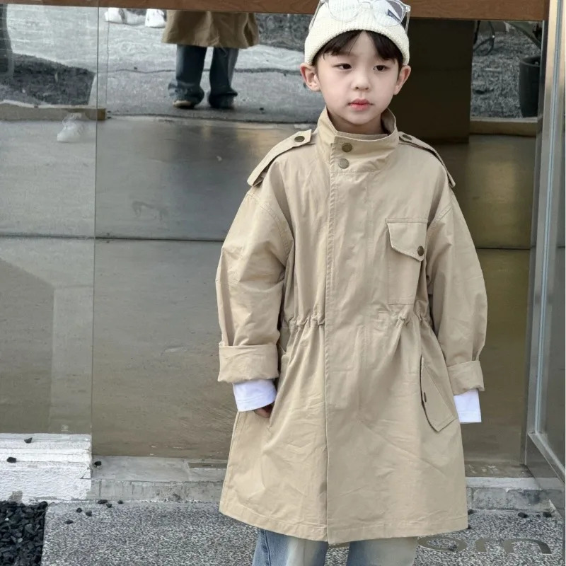 Spring boys solid color Workwear style long style trench jackets children casual loose wind coats 240711