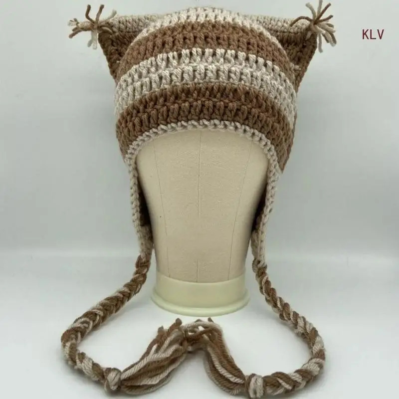 High Elastic Windproof Cat Ear Hat Knitted Stripe Pattern Hat for Women Men Keep Ear Warm Hat with Dangle Pompoms Decor 240712