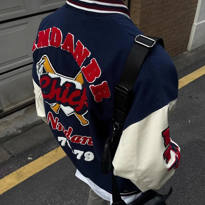 Korean College Mens Baseball Jacket Pattern Flocking Embroidered Patchwork Coat Punk Harajuku Motorcycle Outwear Y2k 240717