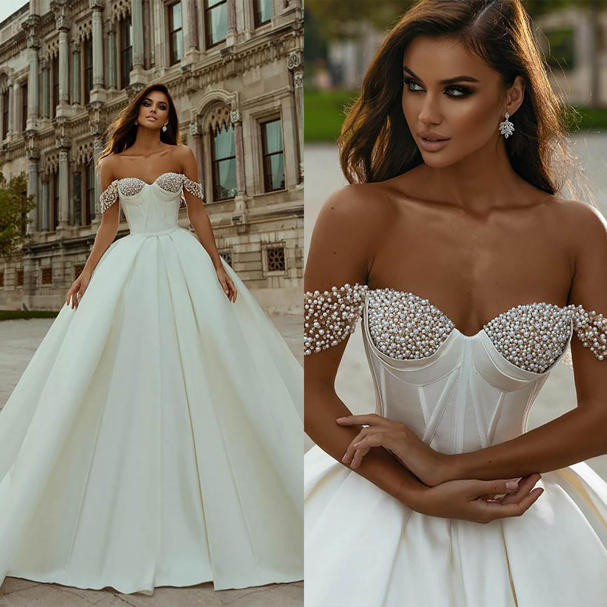 A Sexy E Wedding Dress Pearls Sweetheart Off Shoulder Bride Gowns Sleeveless Pleats Bridal Dresses Vestido De Novia es