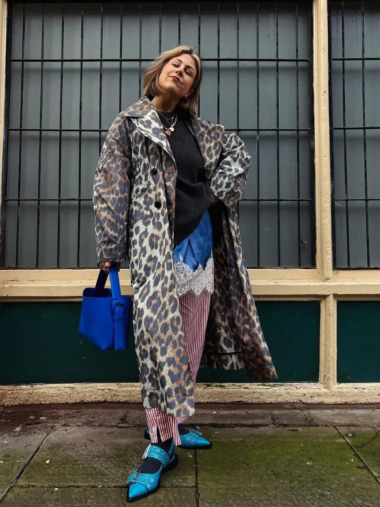 Chic Vintage Leopard Print Lapel Long Jacket Elegant Women Full Sleeves Single Breasted Coat Spring Female Street Overcoat 240712