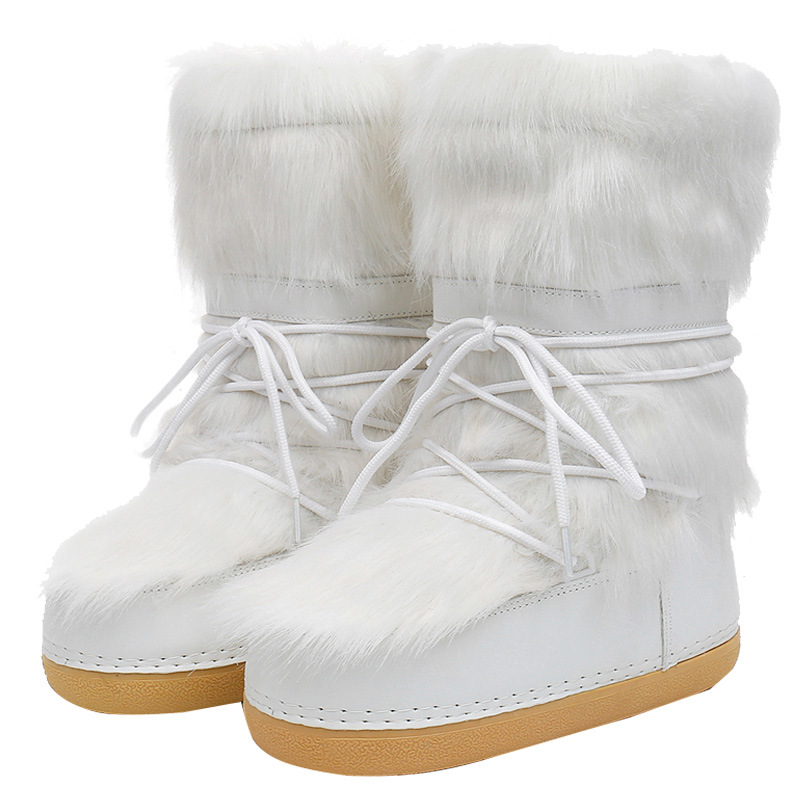 Shoes 2024 New Winter Fur Boots Snow Boots Women Ski Fluffy Hairy Lace Up Middle Calf Platform Flat with White Cotton Boots