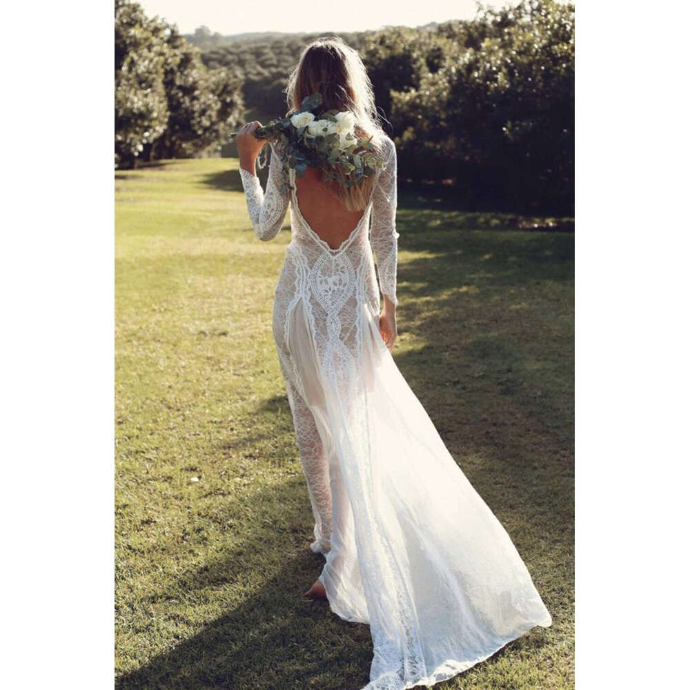 Lace Open Back Wedding Dresses Mermaid Modest Boho High Split Long Sleeve Backless For Bridal Gowns Romantic Vestido De Novia