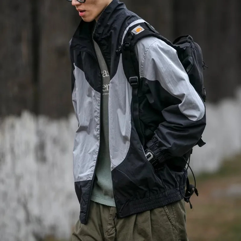 Retro Spring Jackets Men Women Color Block Stand Collar Loose Harajuku Y2k Coats Zip Up Street Unisex Hip Hop Zipper Outwear 240717