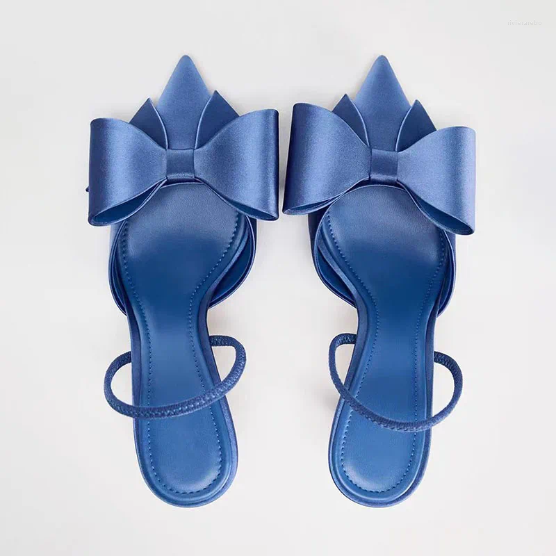 Dress Shoes TRAF French Retro Blue Bow High Heels Point Head Stilettos Sgbacks For Woman Women Elegant Satin Fabric Sandals